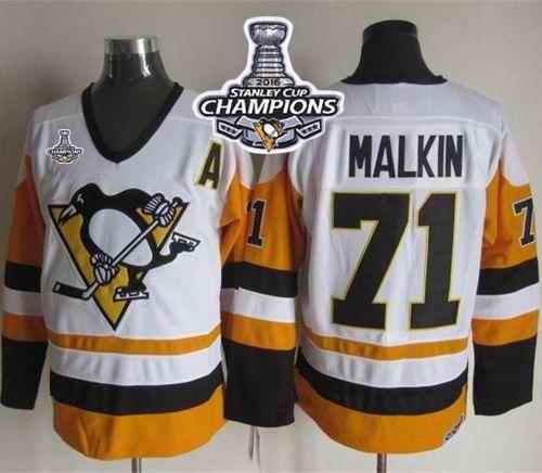 Penguins #71 Evgeni Malkin White/Black CCM Throwback 2016 Stanley Cup Champions Stitched NHL Jersey