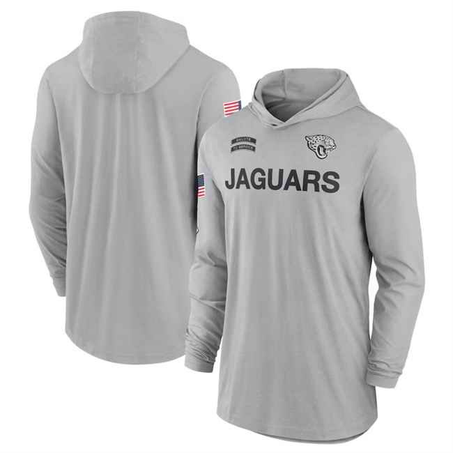 Men's Jacksonville Jaguars 2024 Gray Salute to Service Lightweight Performance Long Sleeve Hooded T-Shirt