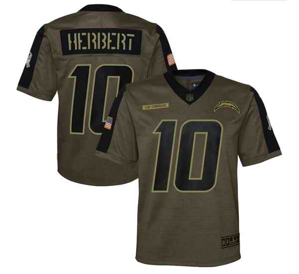 Youth Los Angeles Chargers #10 Justin Herbert 2021 Olive Salute To Service Limited Stitched Jersey