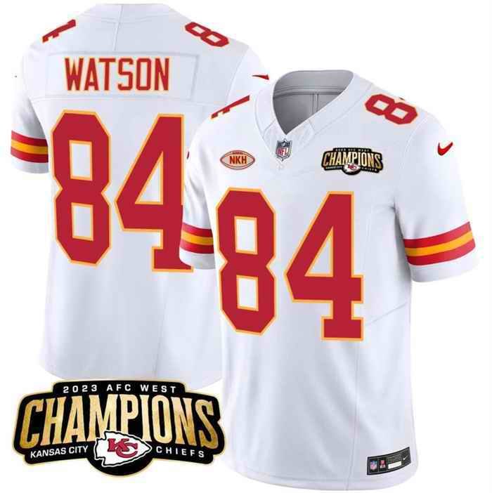 Men's Kansas City Chiefs #84 Justin Watson White 2023 F.U.S.E. AFC West Champions With NKH Patch Vapor Untouchable Limited Stitched Jersey