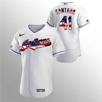 Men's Cleveland Indians #41 Carlos Santana White 2020 Stars & Stripes Flex Base Stitched Jersey