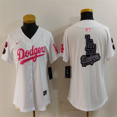 Women's Los Angeles Dodgers Team Big Logo White/Pink Vin & Kobe Patch Stitched Baseball Jersey(Run Small)