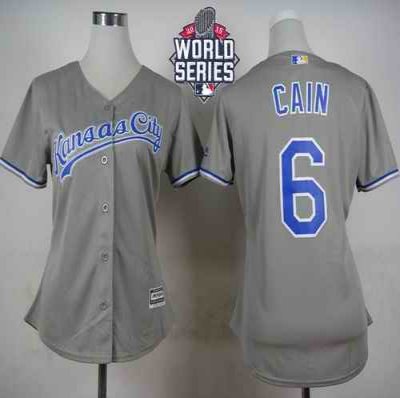 Royals #6 Lorenzo Cain Grey Road W/2015 World Series Patch Women's Stitched MLB Jersey