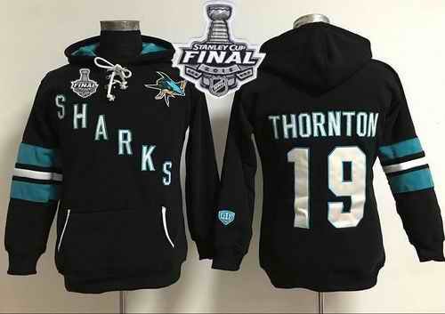 San Jose Sharks #19 Joe Thornton Black 2016 Stanley Cup Final Patch Women's Old Time Heidi Hoodie NHL Hoodie