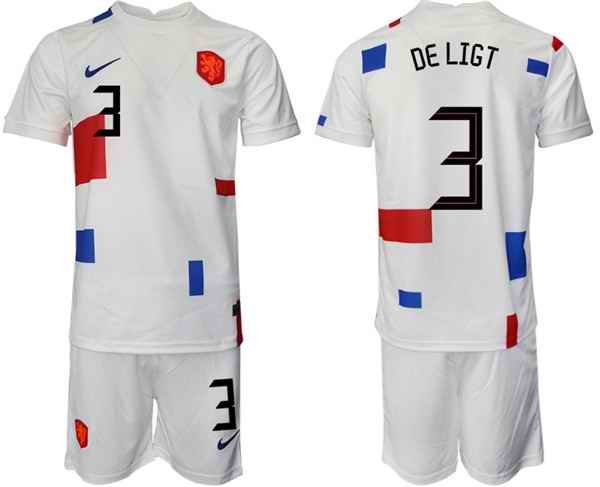 Men's Netherlands #3 Deligt White Away Soccer Jersey Suit