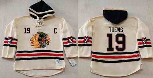 Blackhawks #19 Jonathan Toews Cream Heavyweight Pullover Hoodie Stitched NHL Jersey