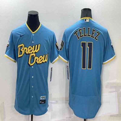 Men's Milwaukee Brewers #11 Rowdy Tellez 2022 Powder Blue City Connect Flex Base Stitched Jersey