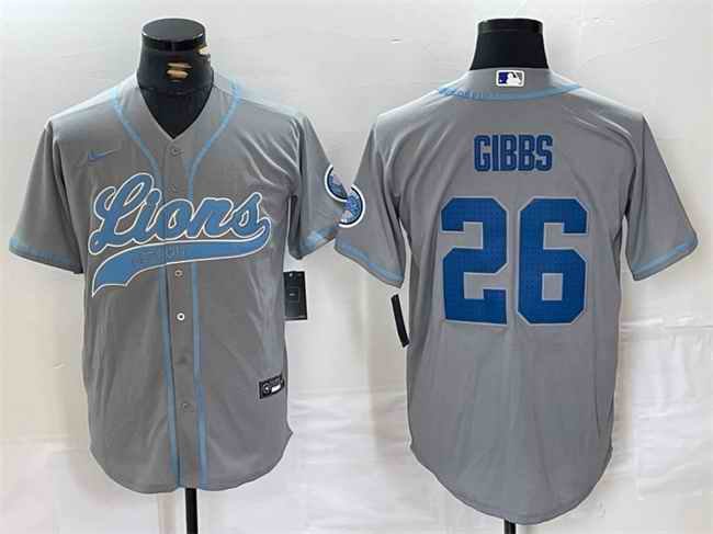 Men's Detroit Lions #26 Jahmyr Gibbs Grey Cool Base Stitched Baseball Jersey