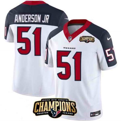 Men's Houston Texans #51 Will Anderson Jr. White/Navy 2023 F.U.S.E. AFC South Champions Patch Limited Stitched Football Jersey