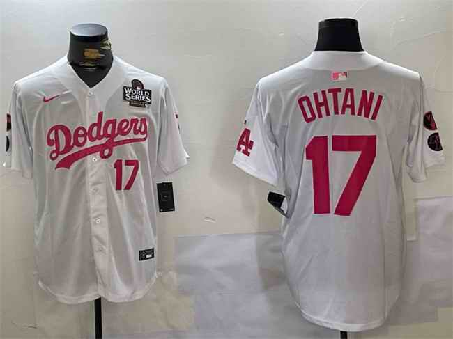 Men's Los Angeles Dodgers #17 Shohei Ohtani White/Pink 2024 World Series Vin & Kobe Patch Limited Stitched Baseball Jersey