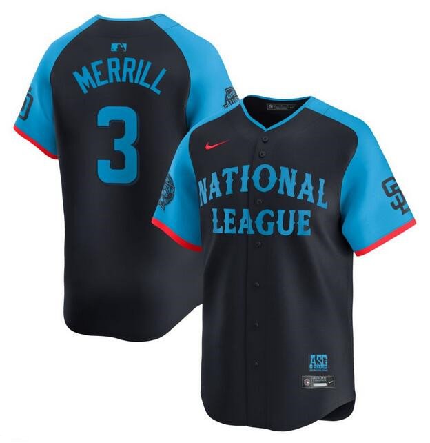 Men's National League #3 Jackson Merrill Navy 2024 All-Star Limited Stitched Baseball Jersey