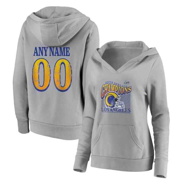 Women's Los Angeles Rams Custom 2022 Gray Super Bowl LVI Champions Personalized Retro Pullover Hoodie(Run Small)