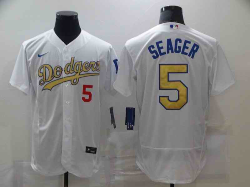 Men's Los Angeles Dodgers #5 Corey Seager 2021 White Gold Sttiched Jersey