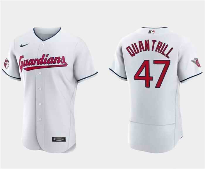 Men's Cleveland Guardians #47 Cal Quantrill White Flex Base Stitched Jersey