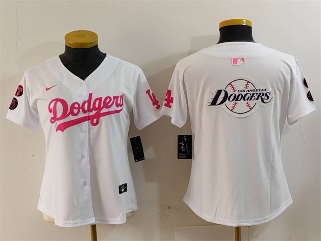 Women's Los Angeles Dodgers Team Big Logo White/Pink Vin & Kobe Patch Stitched Baseball Jersey(Run Small)