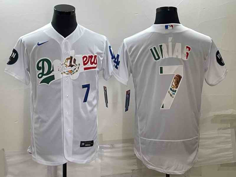 Men's Los Angeles Dodgers #7 Julio Ur'as White With Vin Scully Patch Flex Base Stitched Baseball Jersey