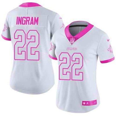 Nike Saints #22 Mark Ingram White/Pink Women's Stitched NFL Limited Rush Fashion Jersey