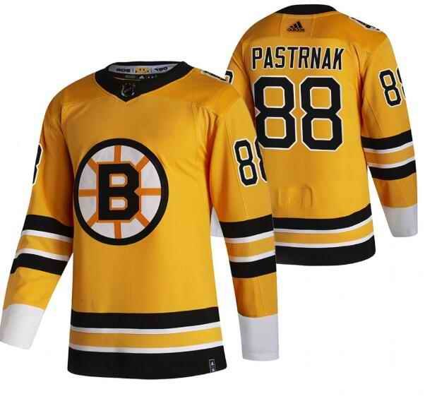 Men's Boston Bruins #88 David Pastrnak 2020-21 Yellow Reverse Retro Stitched Jersey