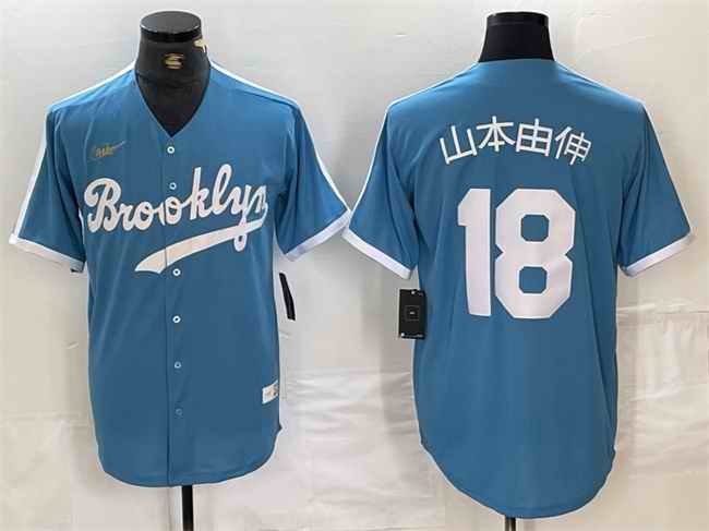 Men's Los Angeles Dodgers #18 ?''' Light Blue Throwback Cool Base Stitched Baseball Jersey