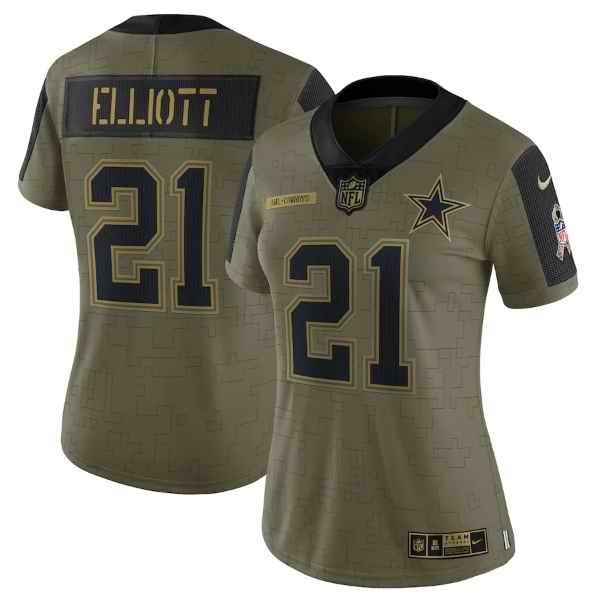 Women's Dallas Cowboys #21 Ezekiel Elliott 2021 Olive Salute To Service Limited Stitched Jersey'Run Small'