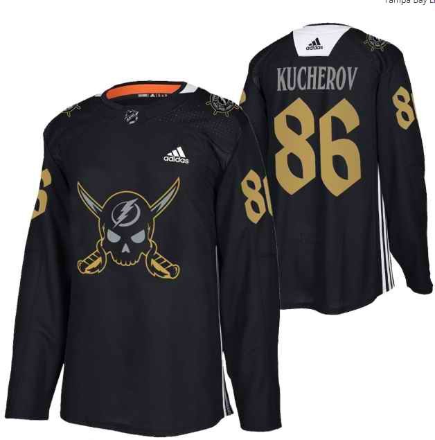 Men's Tampa Bay Lightning #86 Nikita Kucherov Black Gasparilla inspired Pirate-themed Warmup Stitched Jersy