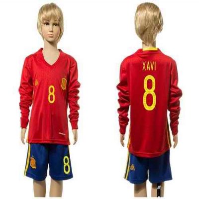 Spain #8 Xavi Red Home Long Sleeves Kid Soccer Country Jersey