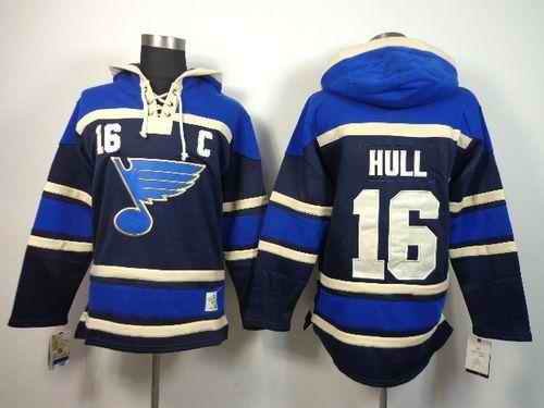 Blues #16 Brett Hull Navy Blue Sawyer Hooded Sweatshirt Stitched NHL Jersey