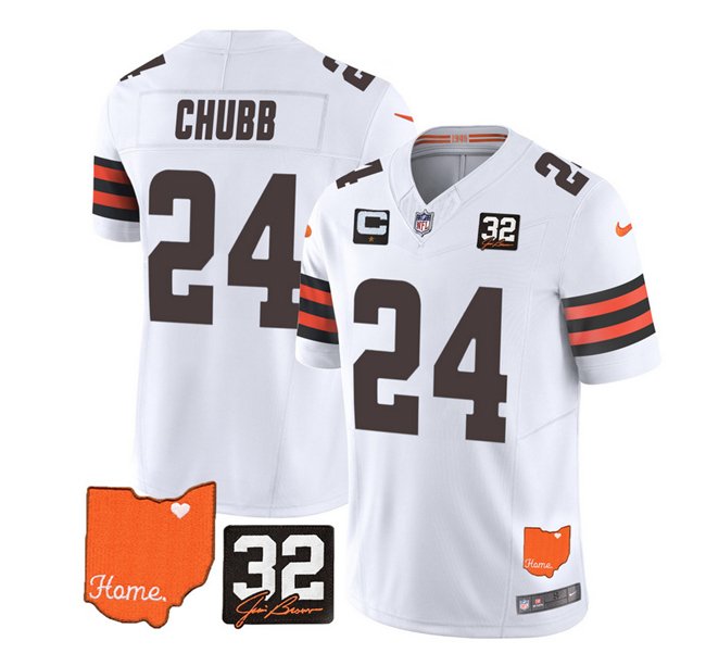 Women's Cleveland Browns #24 Nick Chubb White With Jim Brown Memorial Patch And 1-Star C Patch Vapor Untouchable Limited Stitched Jersey(Run Small)