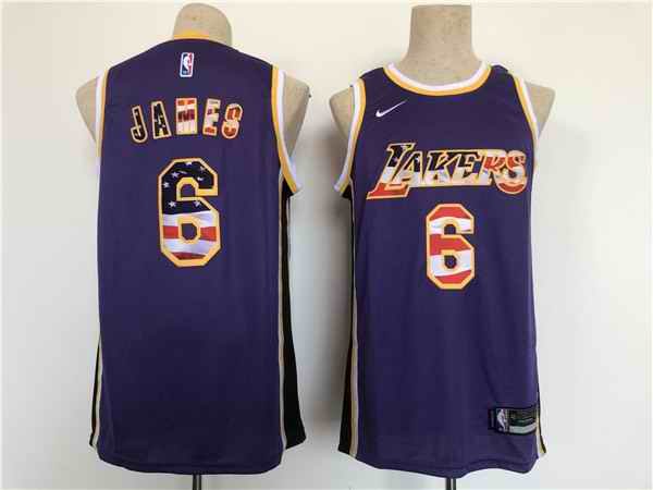 Men's Los Angeles Lakers #6 LeBron James Purple USA Flag Stitched Basketball Jersey