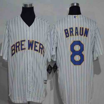 Brewers #8 Ryan Braun White (blue strip) New Cool Base Stitched MLB Jersey