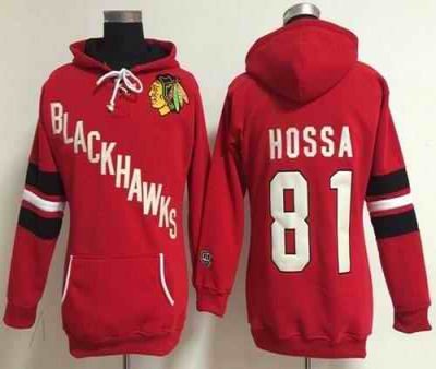 Chicago Blackhawks #81 Marian Hossa Red Women's Old Time Heidi NHL Hoodie