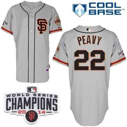 Giants #22 Jake Peavy Grey Road 2 Cool Base W/2014 World Series Champions Patch Stitched MLB Jersey