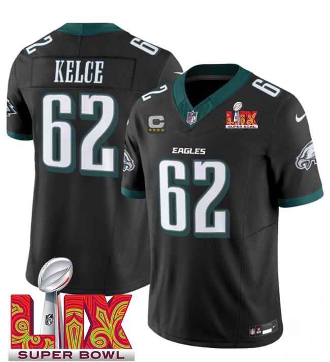 Men's Philadelphia Eagles #62 Jason Kelce Black 2025 Super Bowl LIX Patch And 4-Star C Patch New F.U.S.E. Vapor Limited Stitched Football Jersey