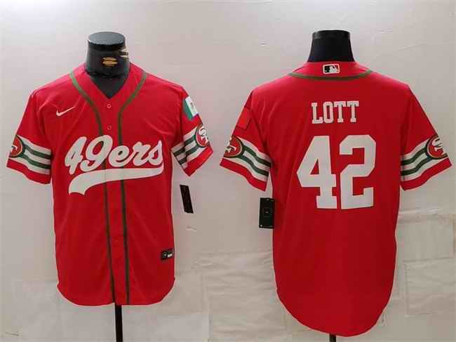 Men's San Francisco 49ers #42 Ronnie Lott Red With Patch Cool Base Stitched Baseball Jersey