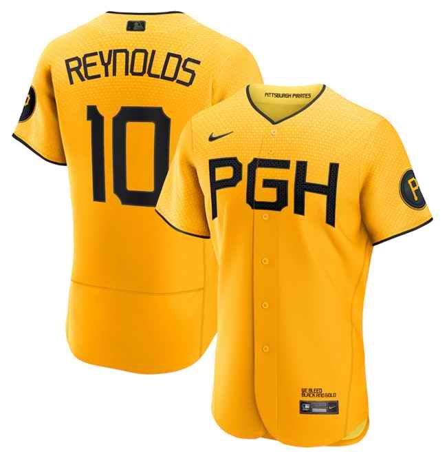 Men's Pittsburgh Pirates #10 Bryan Reynolds Gold 2023 City Connect Flex Base Stitched Jersey