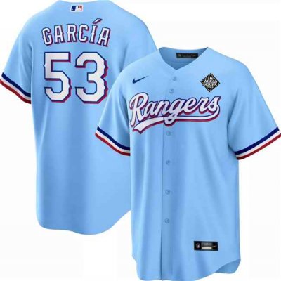 Men's Texas Rangers #53 Adolis Garc'a Blue 2023 World Series Cool Base Stitched Baseball Jersey