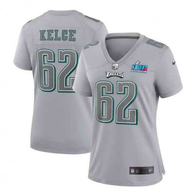 Women's Philadelphia Eagles #62 Jason Kelce Grey Super Bowl LVII Patch Atmosphere Fashion Stitched Game Jersey(Run Small)