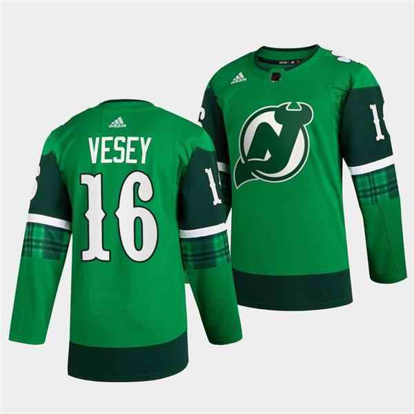 Men's New Jersey Devils #16 Jimmy Vesey Green Warm-Up St Patricks Day Stitched Jersey