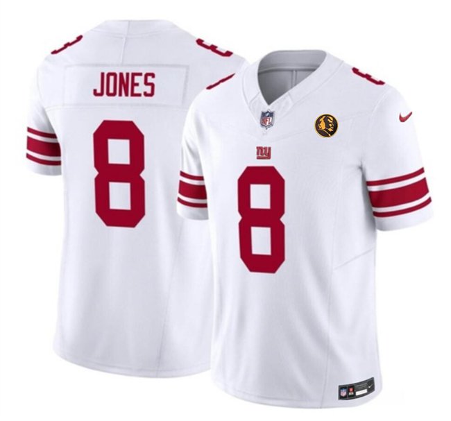 Men's New York Giants #8 Daniel Jones White 2023 F.U.S.E. With John Madden Patch Vapor Limited Stitched Football Jersey