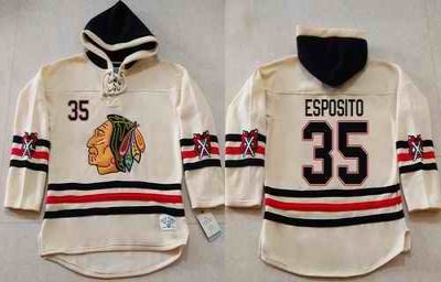 Blackhawks #35 Tony Esposito Cream Heavyweight Pullover Hoodie Stitched NHL Jersey