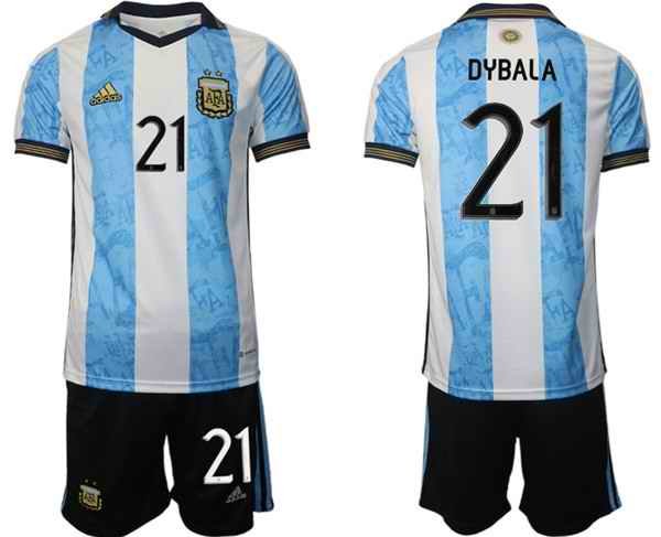 Men's Argentina #21 Dybala Maradona White/Blue Home Soccer Jersey Suit