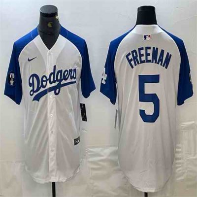 Men's Los Angeles Dodgers #5 Freddie Freeman White/Blue Vin Patch Cool Base Stitched Baseball Jersey