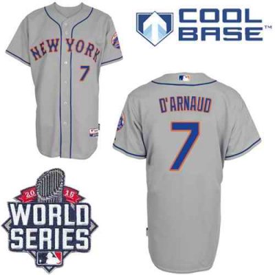 Mets #7 Travis d'Arnaud Grey Road Cool Base W/2015 World Series Patch Stitched MLB Jersey