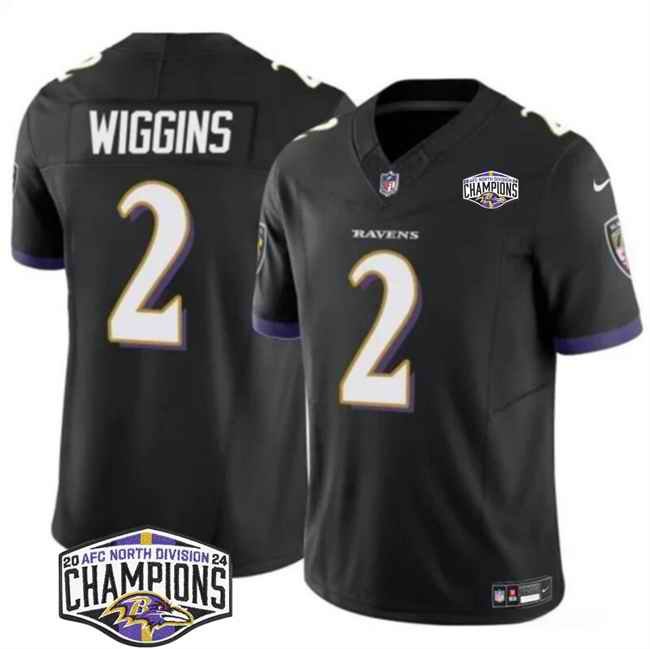 Men's Baltimore Ravens #2 Nate Wiggins Black F.U.S.E 2024 AFC North Division Champions Vapor Limited Football Jersey