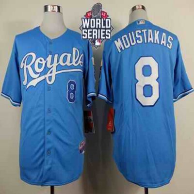 Royals #8 Mike Moustakas Light Blue Alternate 1 Cool Base W/2015 World Series Patch Stitched MLB Jersey