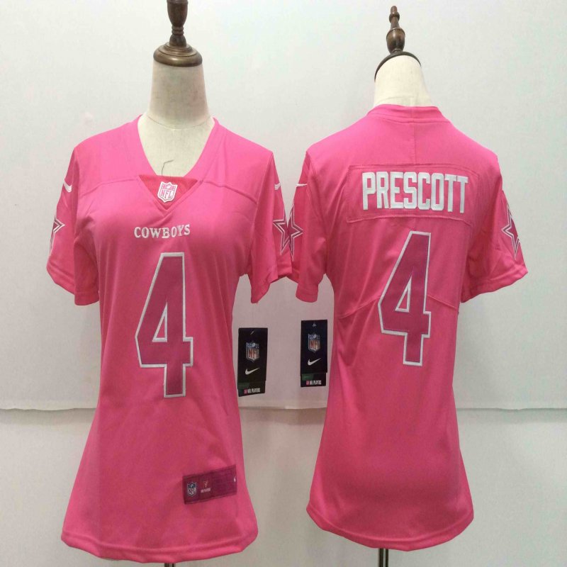 Women's Nike Dallas Cowboys #4 Dak Prescott Pink Stitched NFL Limited Rush Fashion Jersey