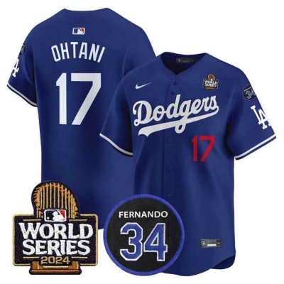 Men's Los Angeles Dodgers #17 Shohei Ohtani Royal 2024 World Series With Fernando Memorial Patch Limited Stitched Baseball Jersey