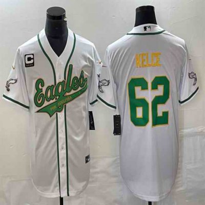 Men's Philadelphia Eagles #62 Jason Kelce White Gold With 3-star C Patch Cool Base Stitched Baseball Jersey