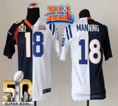 Nike Broncos #18 Peyton Manning Blue/White Super Bowl XLI & Super Bowl 50 Youth Stitched NFL Elite Split Colts Jersey