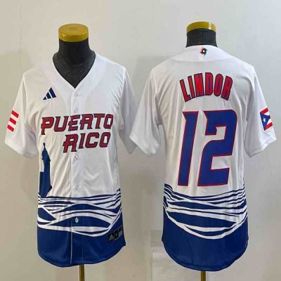 Youth Puerto Rico Baseball #12 Francisco Lindor 2023 White World Baseball Classic Stitched Jersey